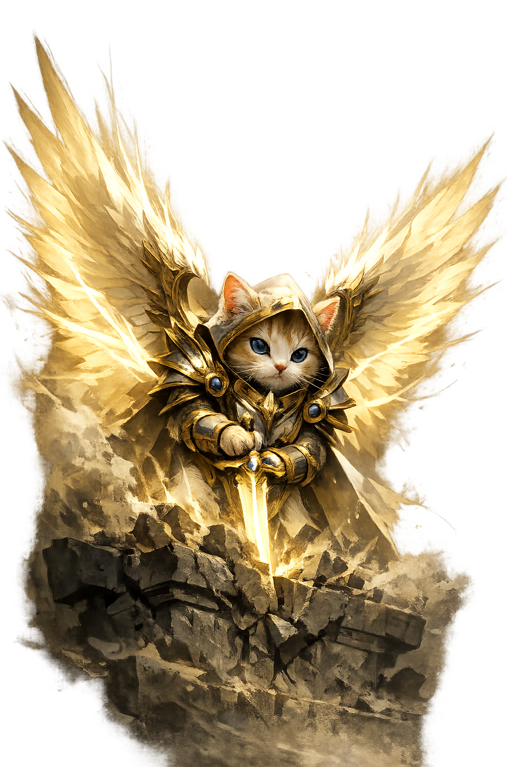 A small cat dressed as a radiant fantasy angel, with golden wings and armor.