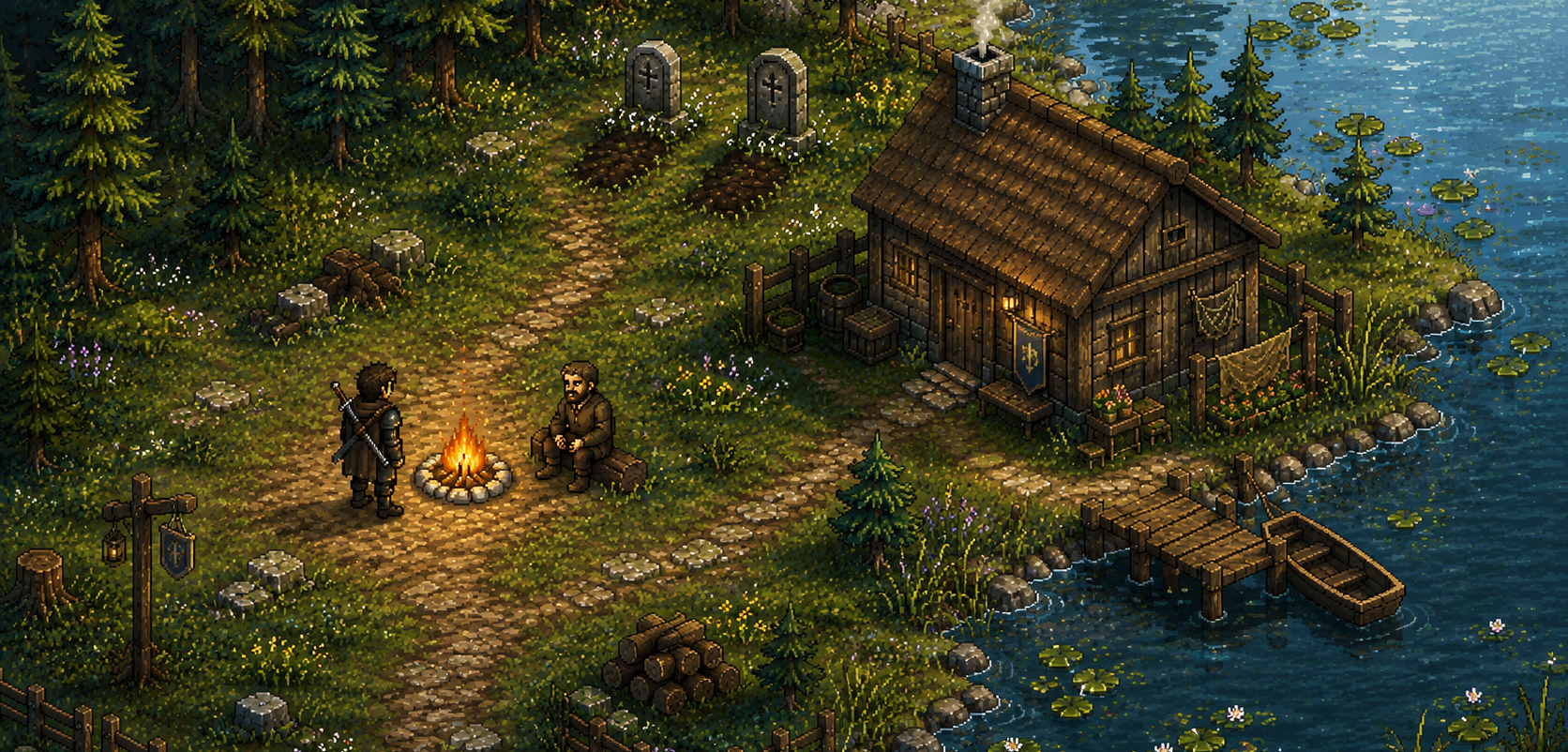 Illustration of a small settlement beside a forest lake, with travelers gathered around a campfire.