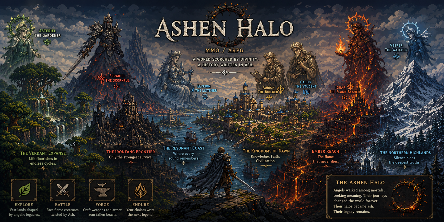 AI-generated early Ashen Halo concept: a pixel-art world map with angelic figures, varied regions, settlements and exploration motifs.